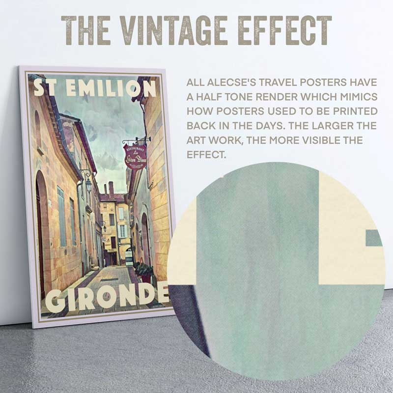 Close-up of the half-tone texture in the  St Emilion poster by French artist Alecse