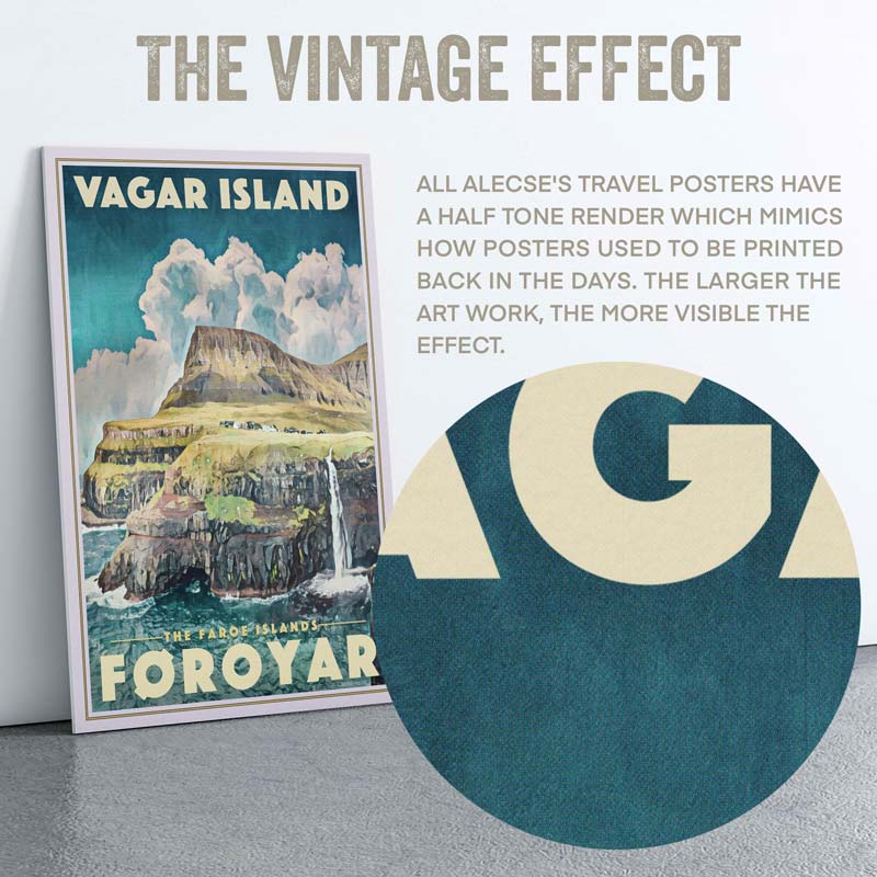 Close up on the half tone render of the Vagar Island poster created by Alecse