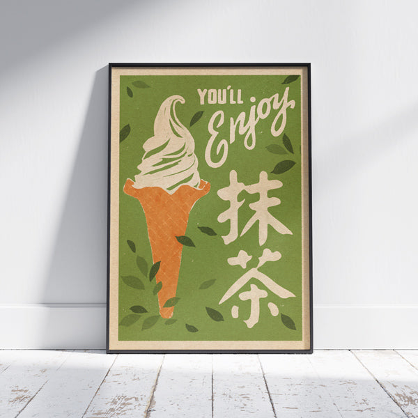 Full view of the Matcha Ice Cream vintage poster leaning against a wall in natural sunlight