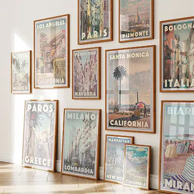 Artful Travels collection featuring framed vintage travel posters from world destinations