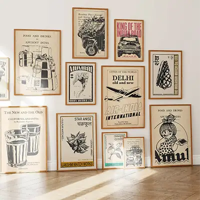 Great Indian Decor collection wall with vintage-style Indian illustration posters