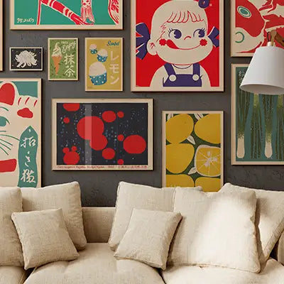 Vintage Exotics collection with colorful Japanese-style posters above a sofa