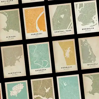 Wanderer Maps collection wall with minimalist city and region map posters